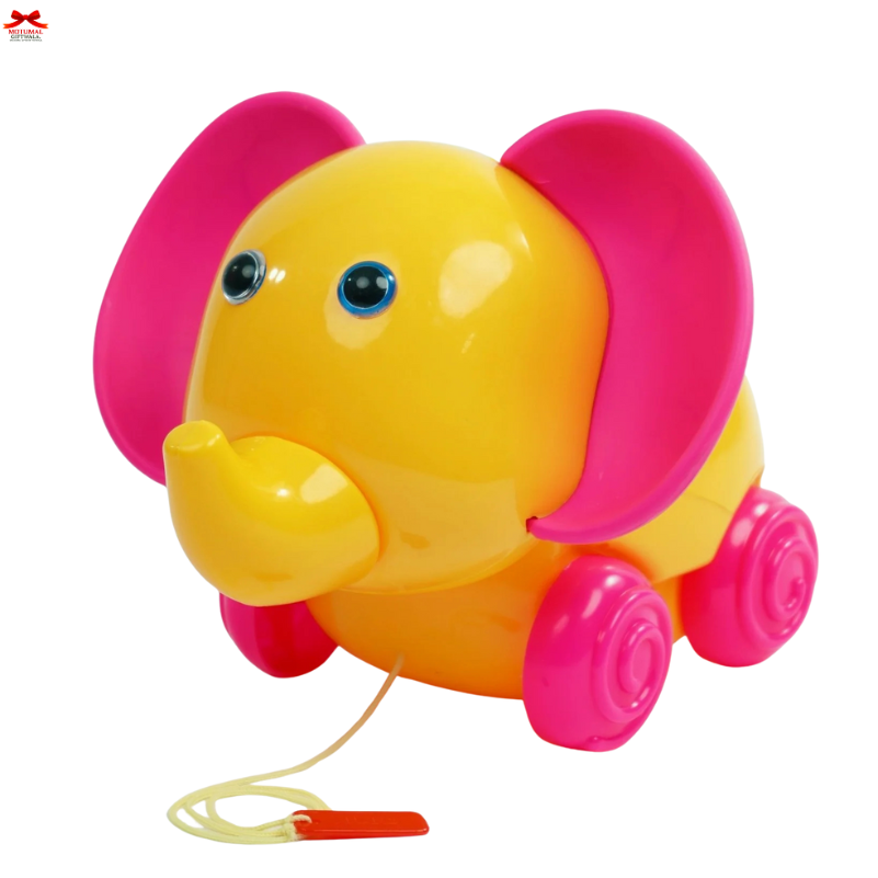 Colorful toy elephant with pink ears and wheels on a white background
