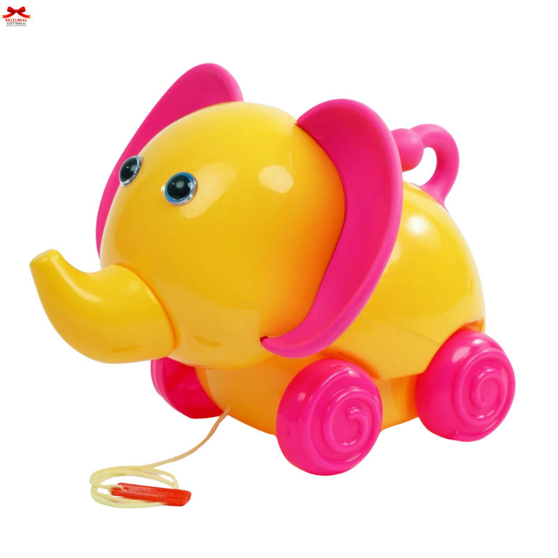 Toy elephant with pink trunk and wheels on a white background