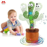 Child playing with a colorful cactus toy on a white background