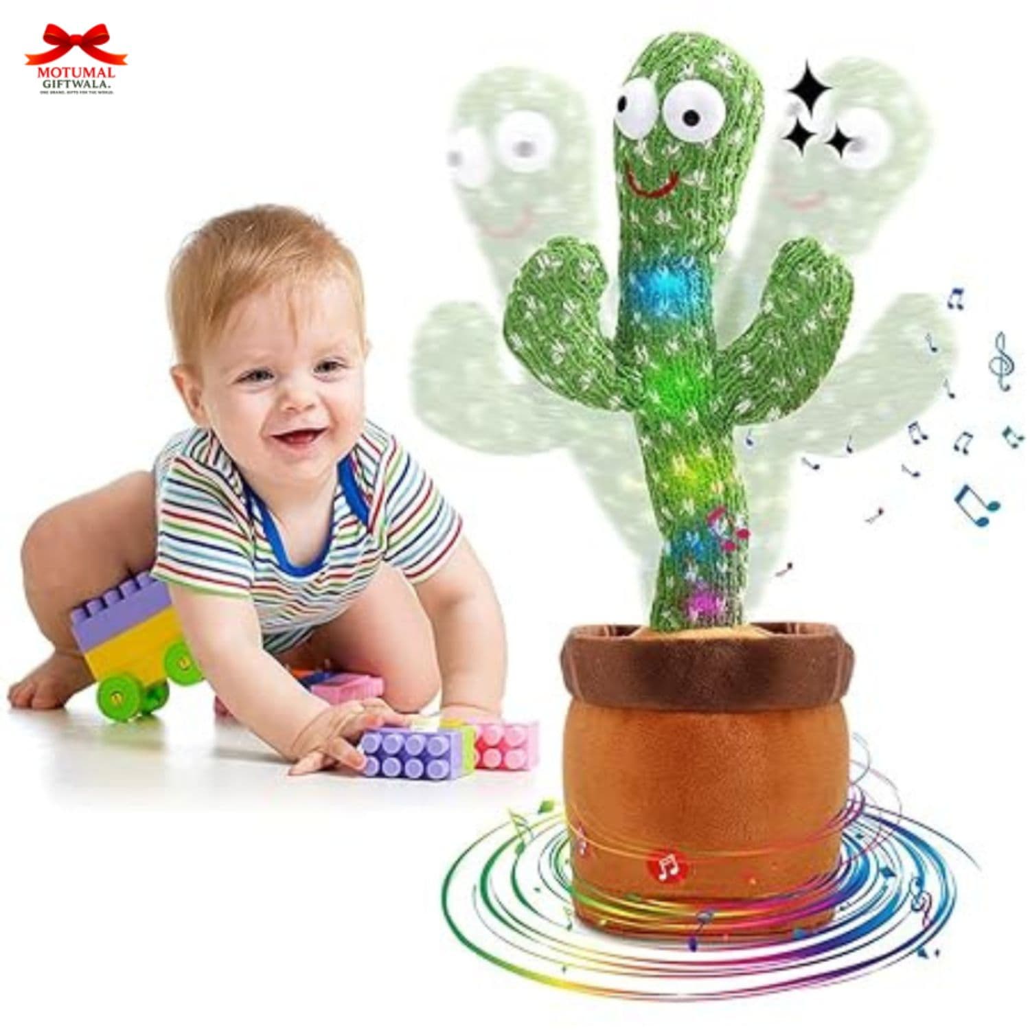 Child playing with a colorful cactus toy on a white background