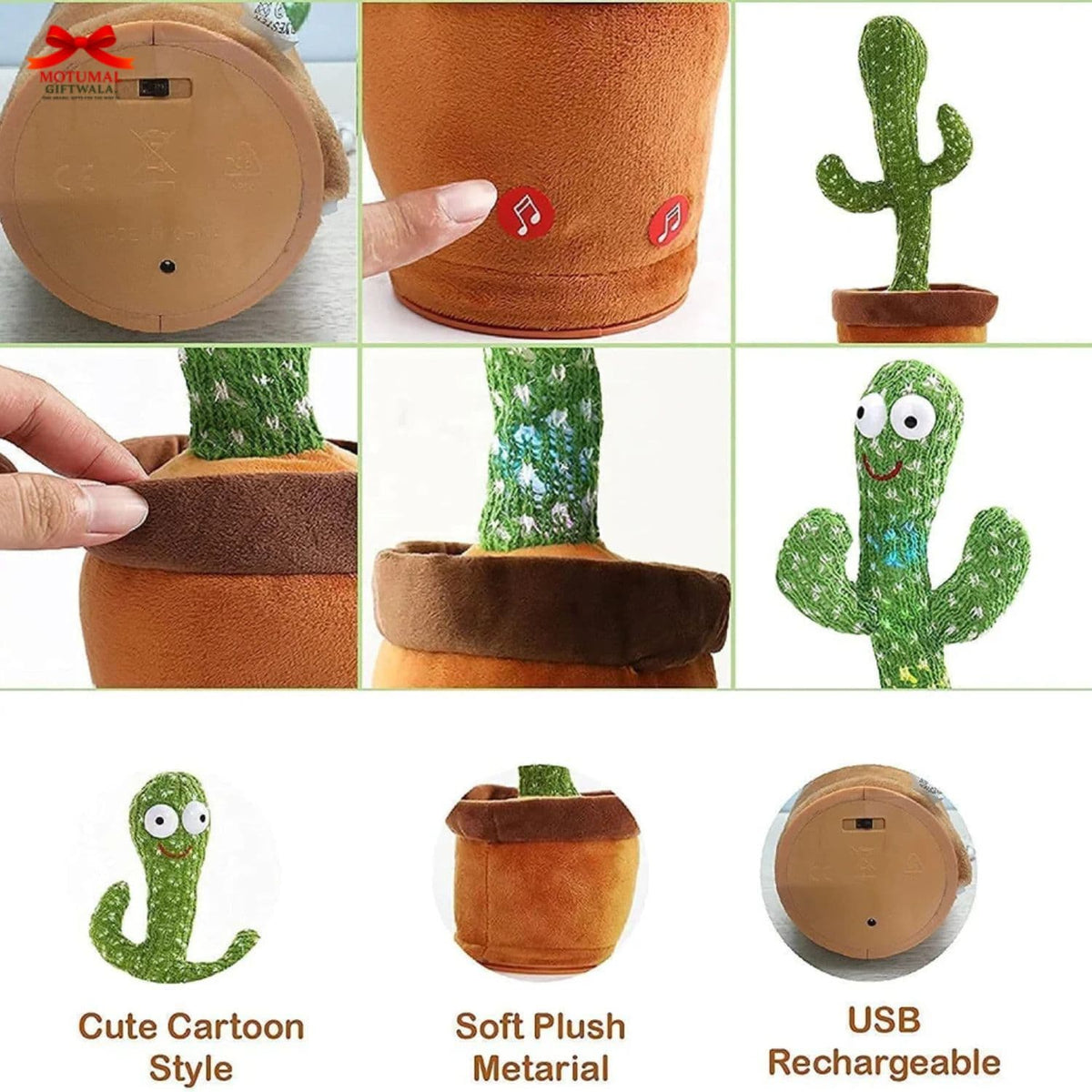 Collage of a plush cactus toy with USB rechargeable feature, showing different angles and features.