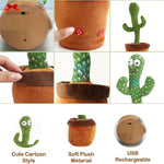 Collage of a plush cactus toy with USB rechargeable feature, showing different angles and features.