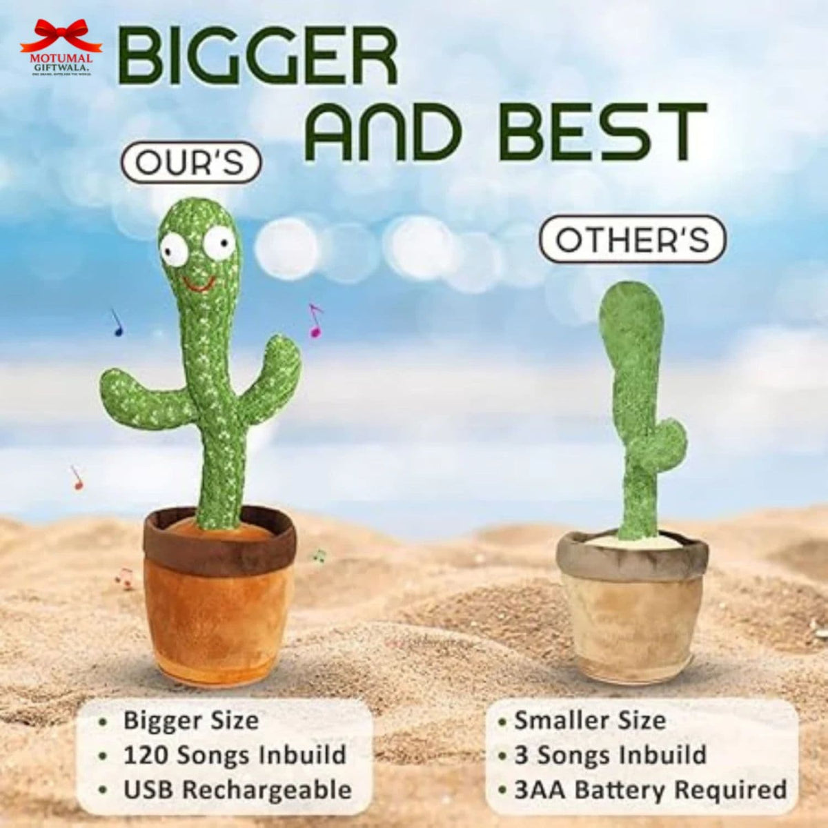 Two cactus-shaped toys with text comparing 'Our's' to 'Other's' on a desert background.