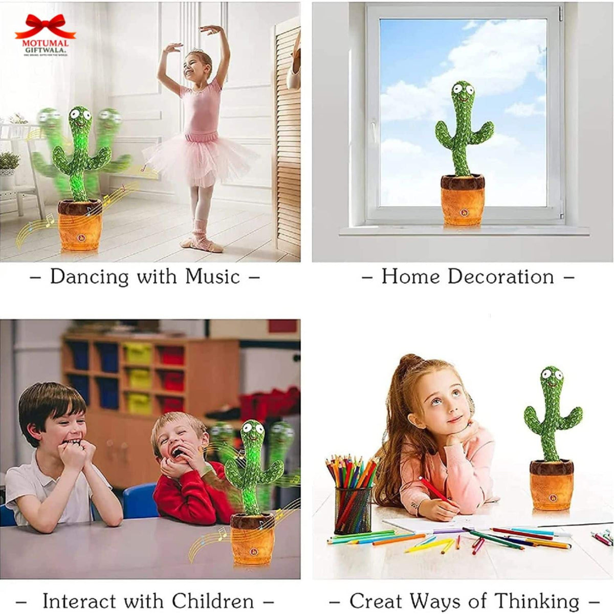 Collage of a dancing cactus with music, home decoration, interacting with children, and creative thinking.