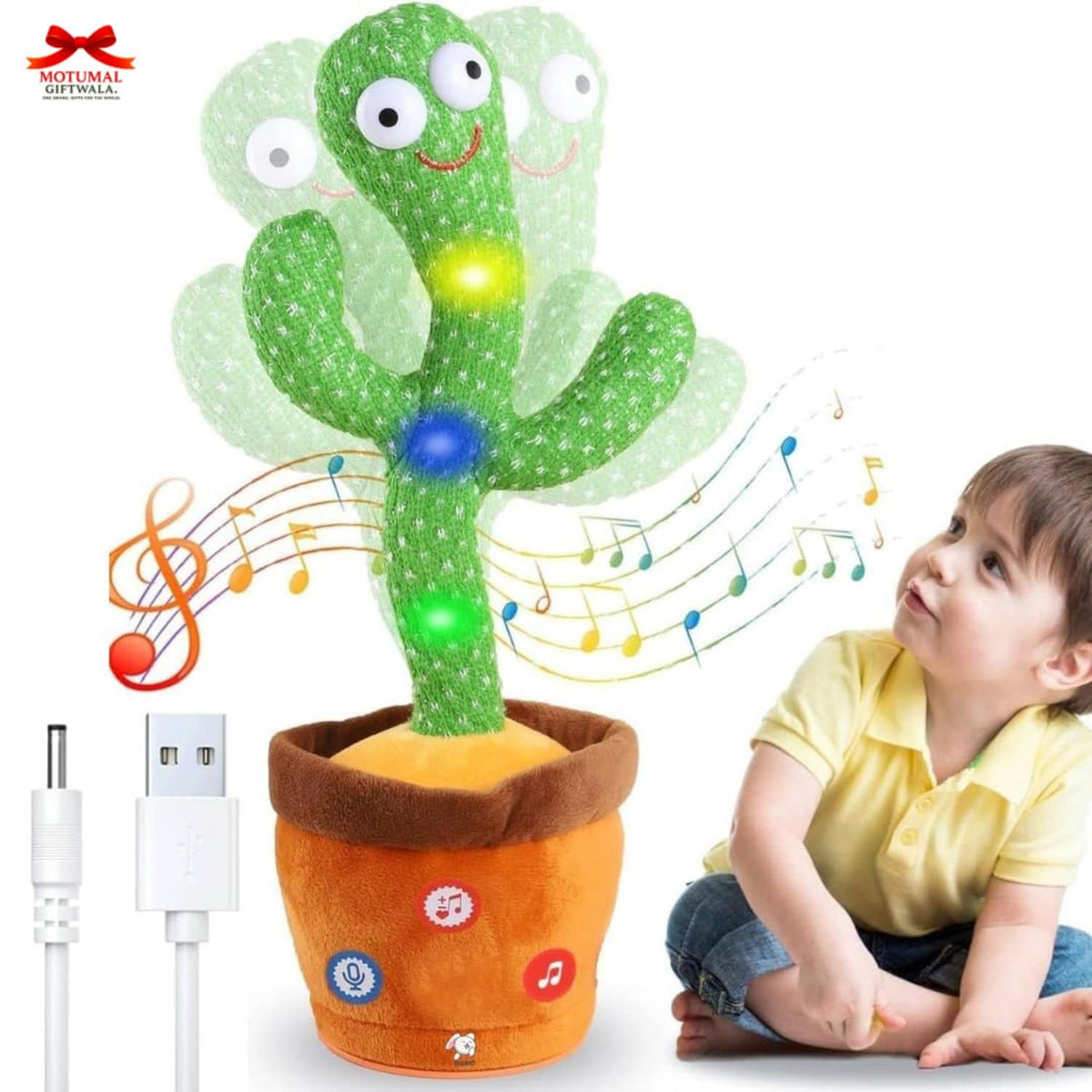 Toy cactus with lights and music notes next to a child