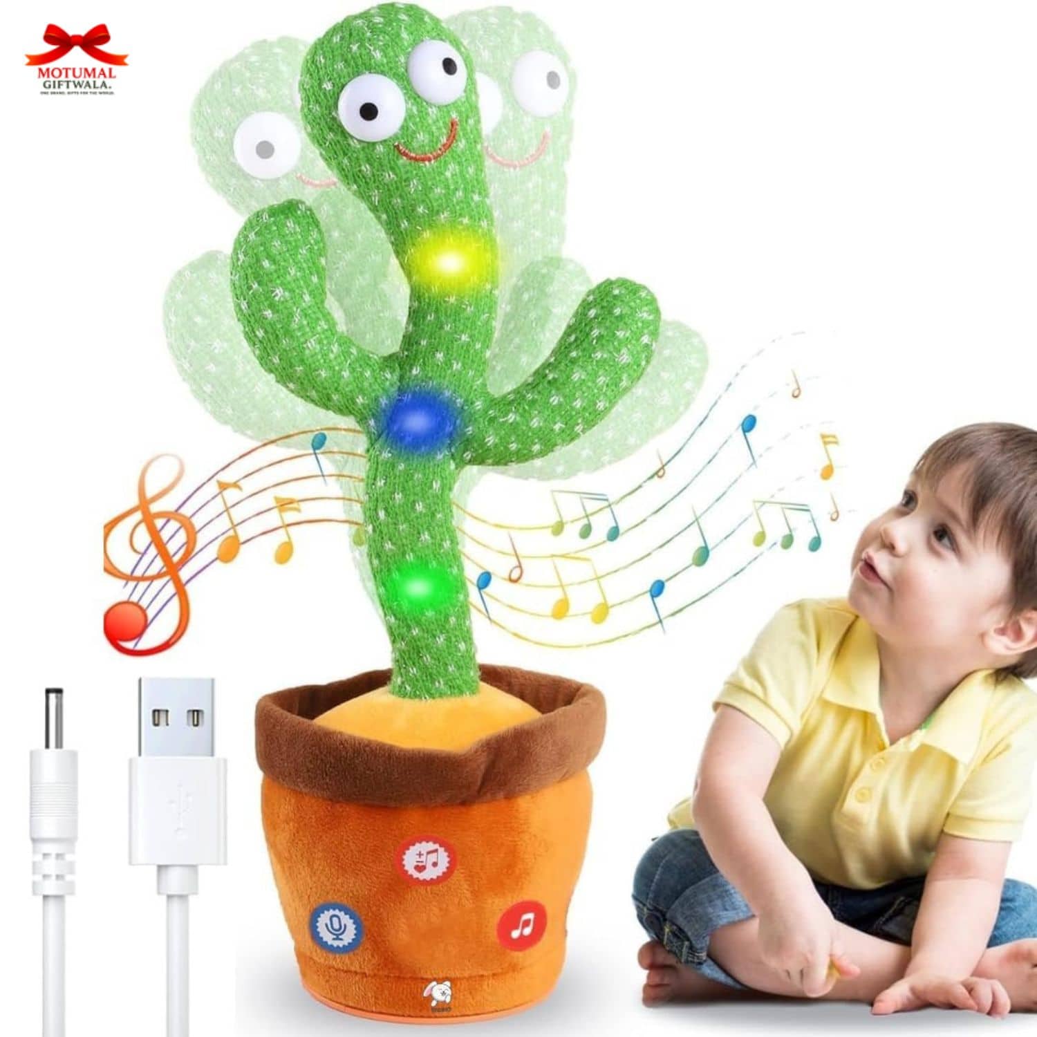 Toy cactus with lights and music notes next to a child