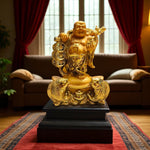Dancing Laughing Buddha Showpiece White Gold Fish Base Motumal-motumal