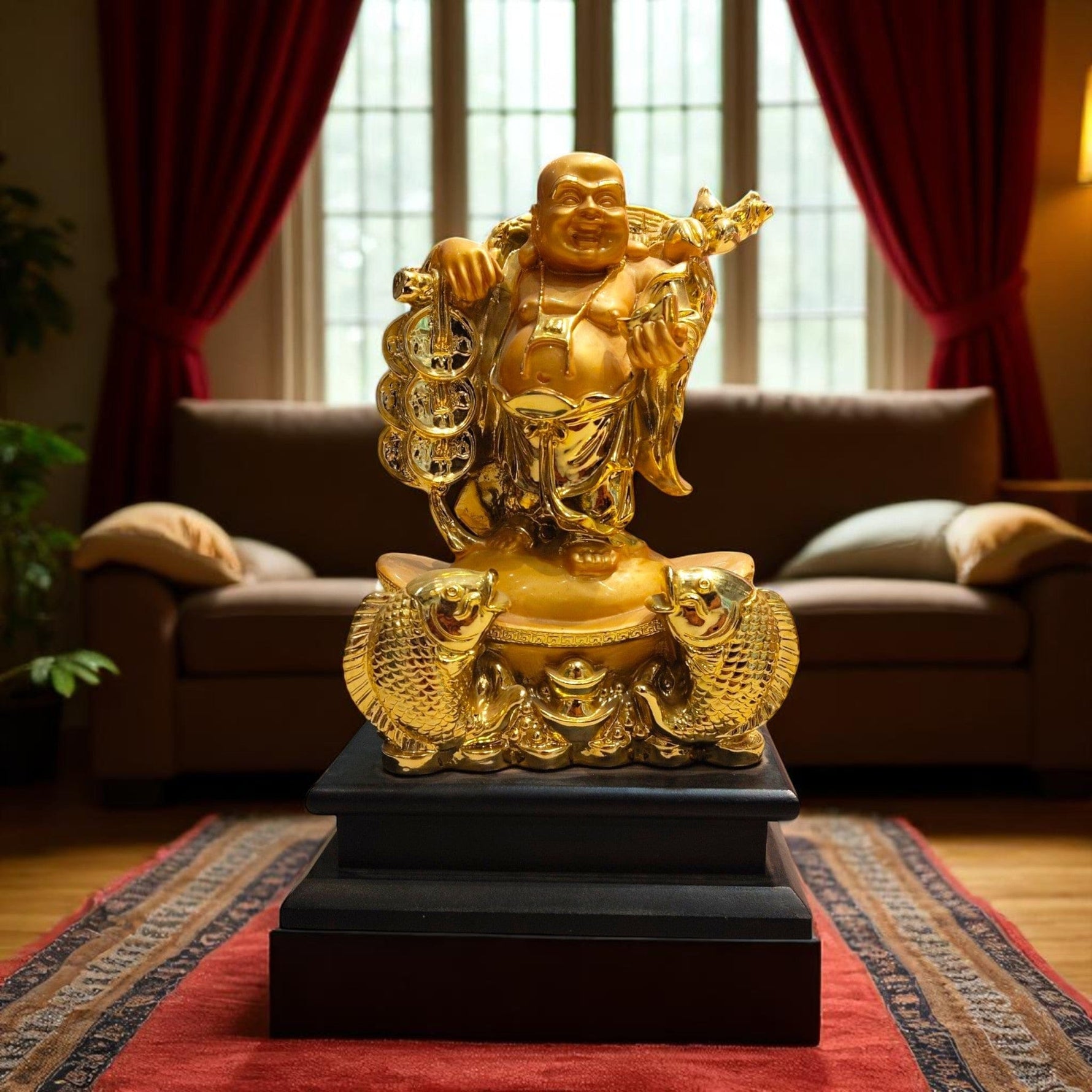Dancing Laughing Buddha Showpiece White Gold Fish Base Motumal-motumal