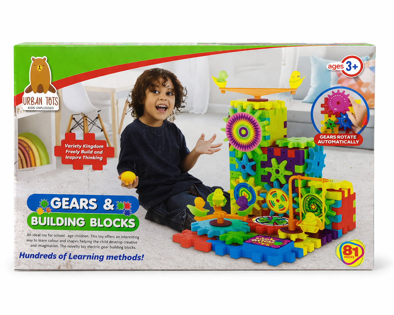 Box of Urban Toys Gears and Building Blocks set with a child playing with gears.