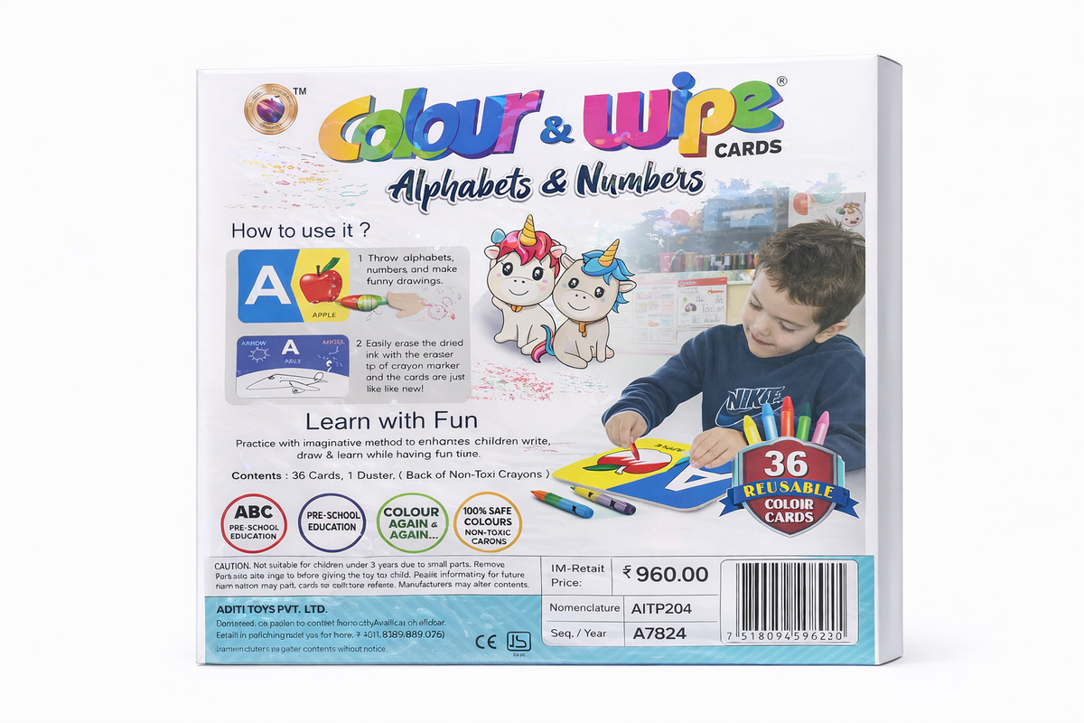 Box of Colour & Wipe Alphabets & Numbers educational cards with a child and colorful illustrations on the packaging.