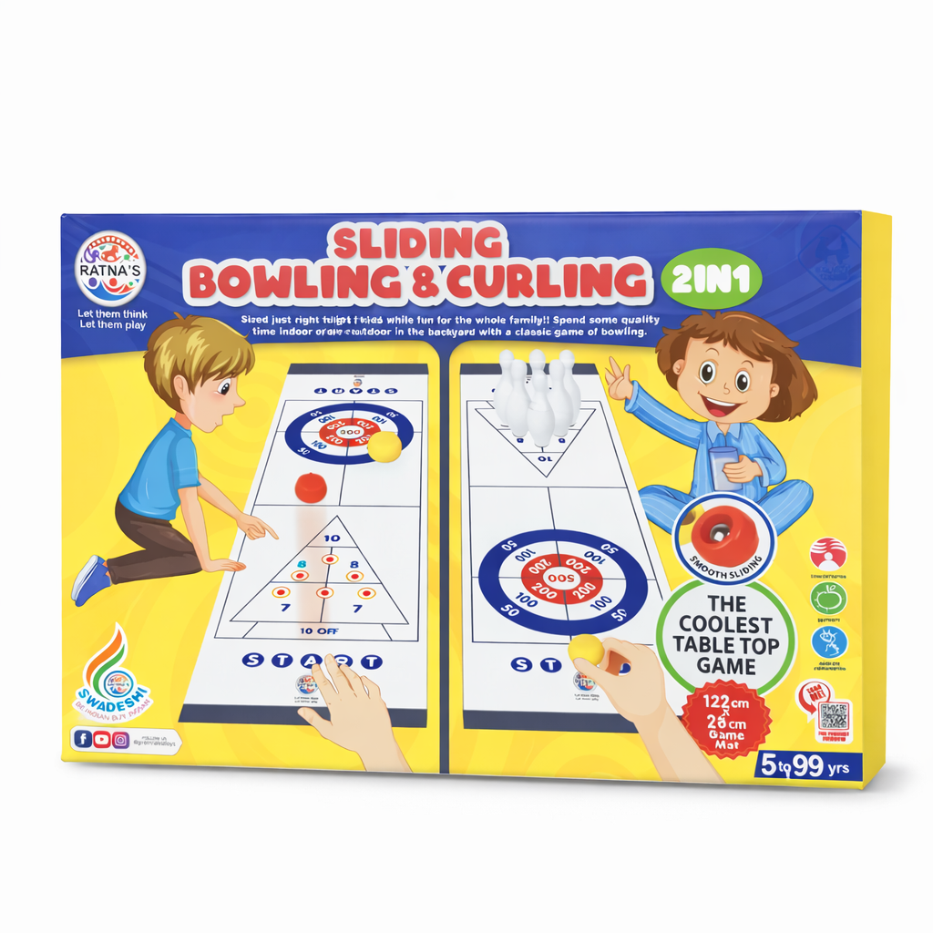 Box for a Sliding Bowling & Curling 2-in-1 game with colorful design and images of children playing.