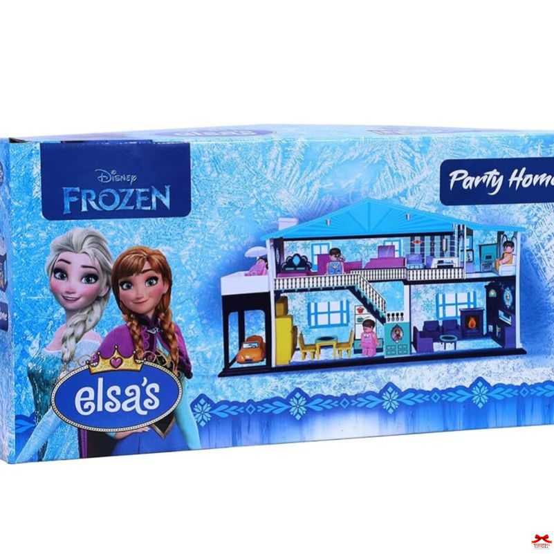Frozen toy set packaging with characters and house illustration on a blue background