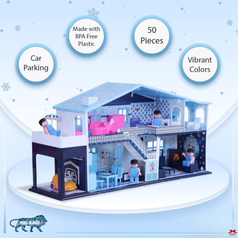Toy dollhouse with features highlighted on a light blue background