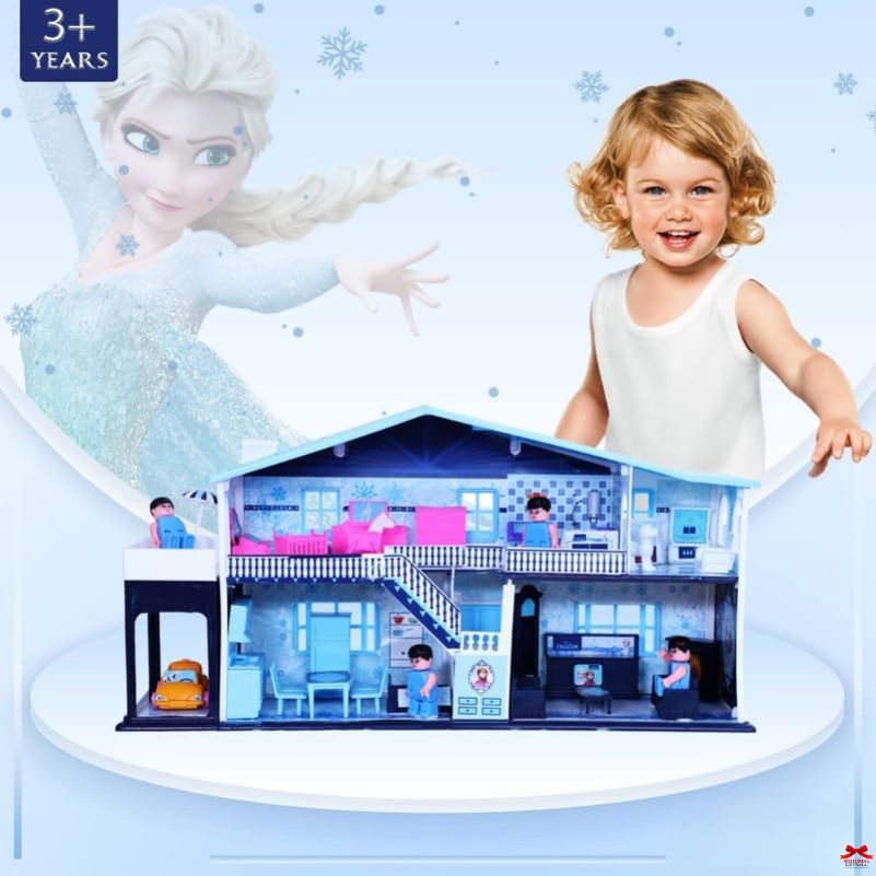 Child with a toy dollhouse and Elsa from Frozen on a blue background