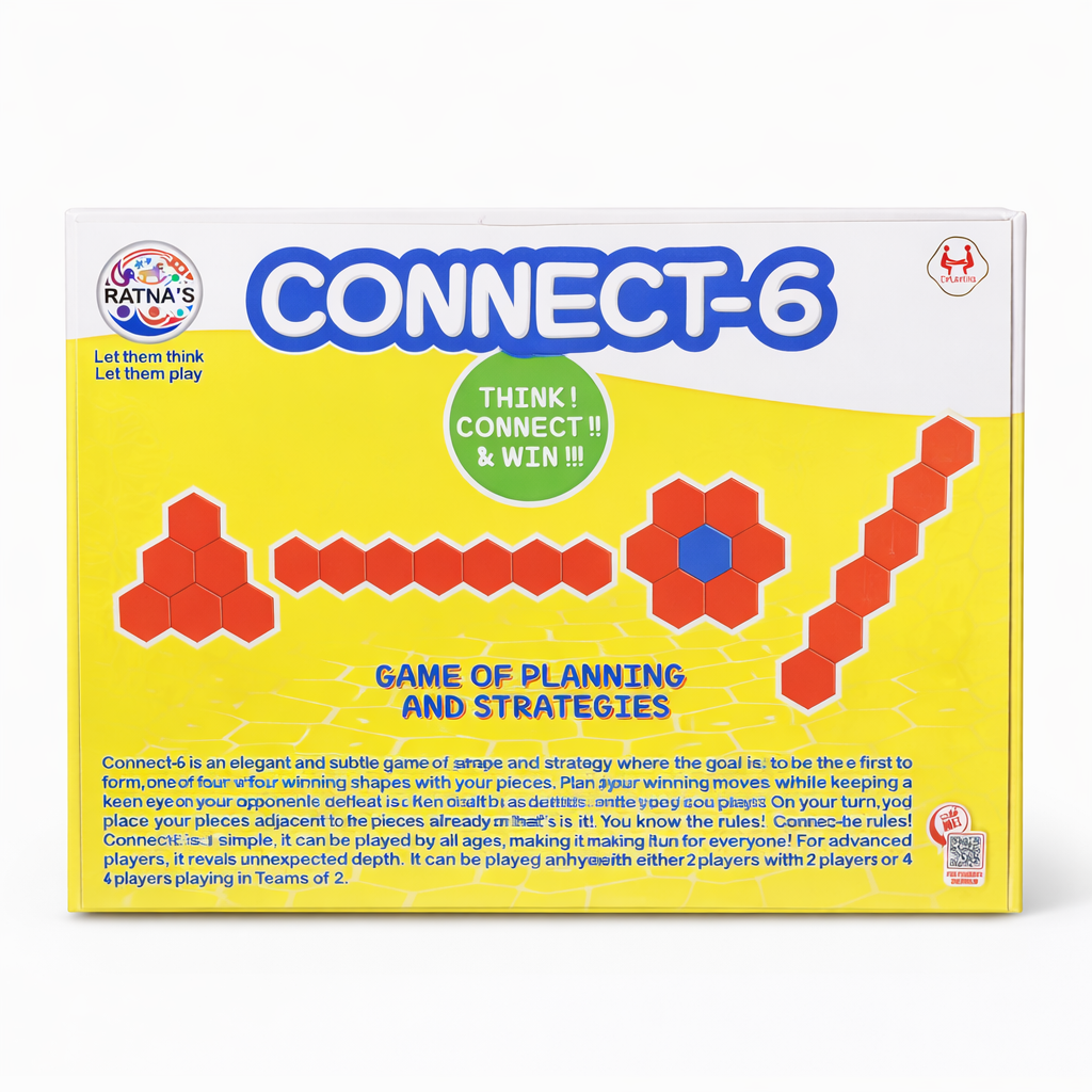 Box of Connect-6 game with red and blue pieces on a yellow background