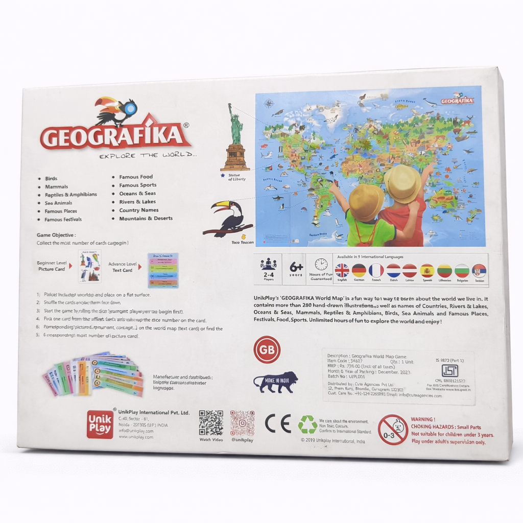 Back view of a Geografika world map educational game packaging with colorful illustrations and text.