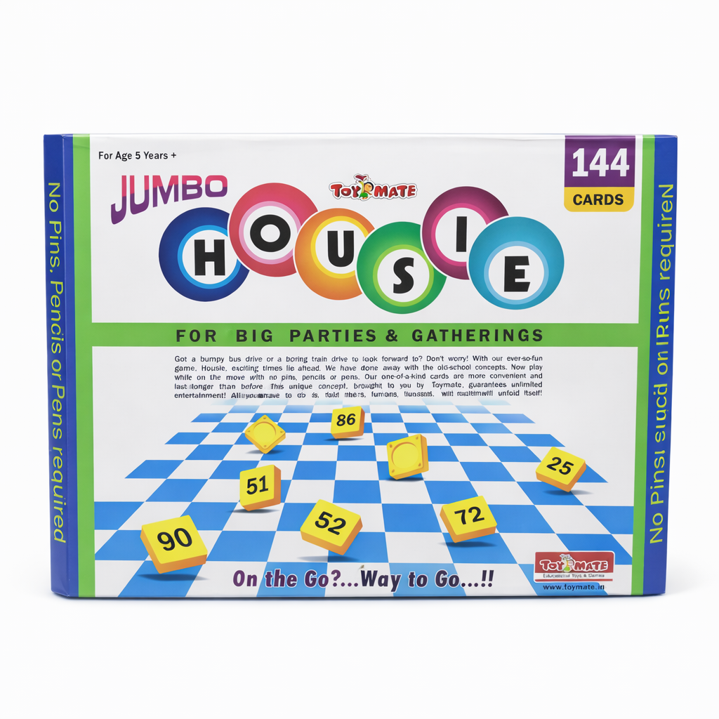 Jumbo Houseie game box with colorful text and a checkered board design on a white background