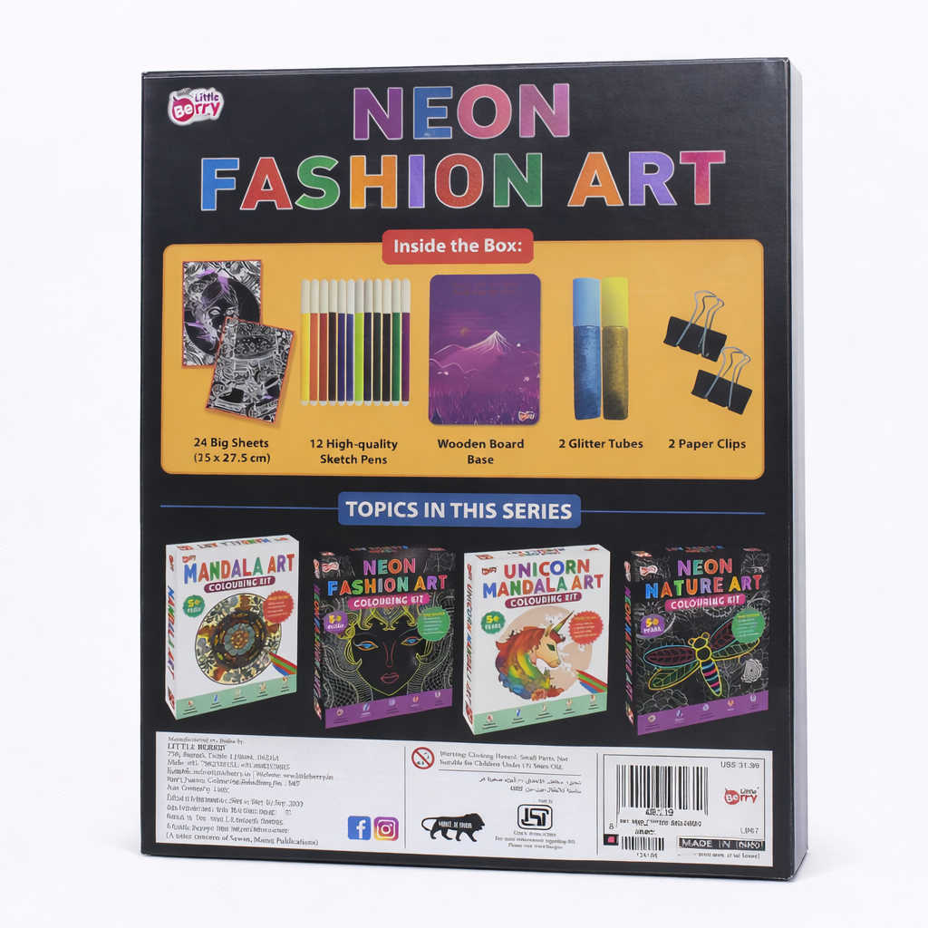 Neon Fashion Art packaging with colorful text and illustrations on a white background