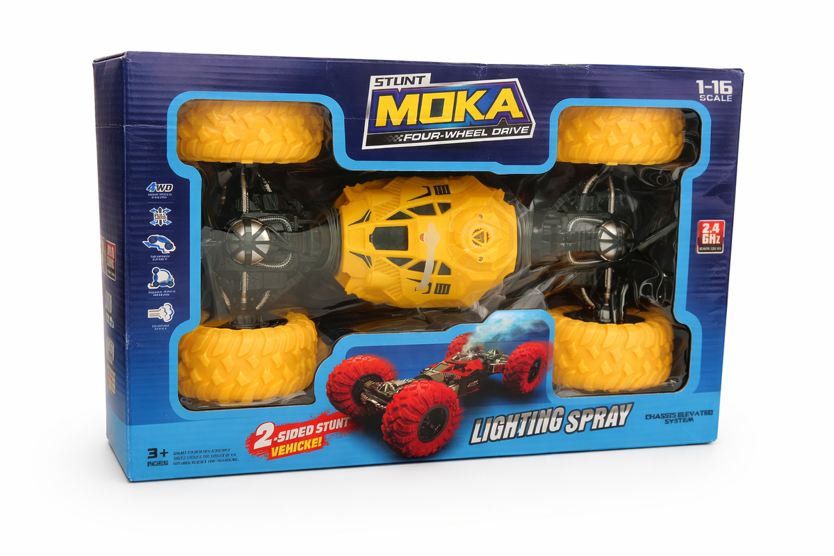 Toy vehicle in packaging with Moka branding on a white background