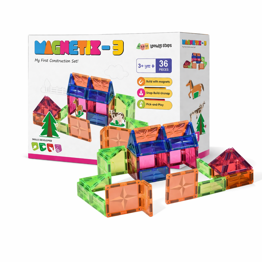 Colorful magnetic building blocks set with packaging on a white background