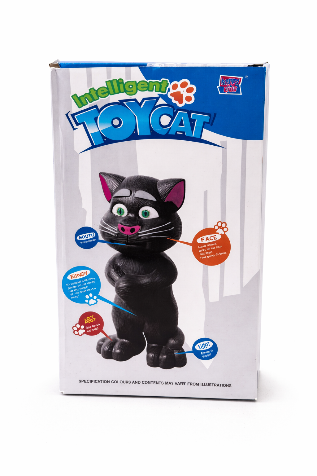 Boxed toy cat with branding and product details on a white background