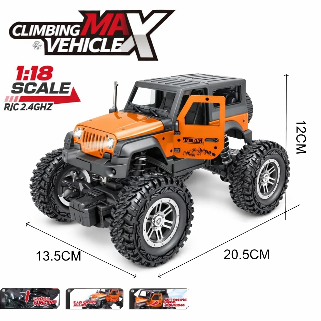 Orange and black climbing vehicle with measurements and branding on a white background