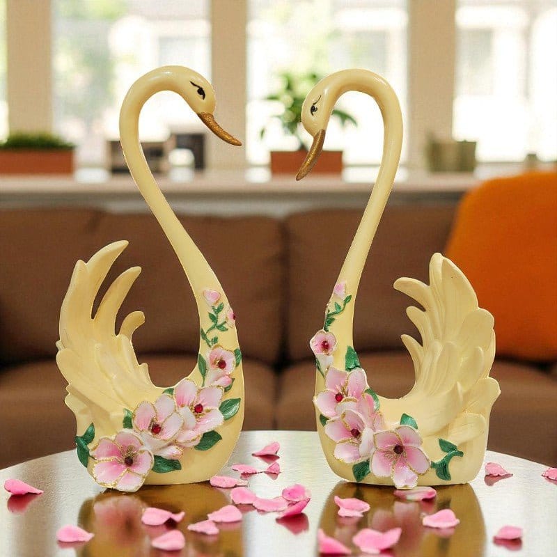 Elegant Hand Painted Swan Pair Floral Showpiece Home Decor Motumal-motumal