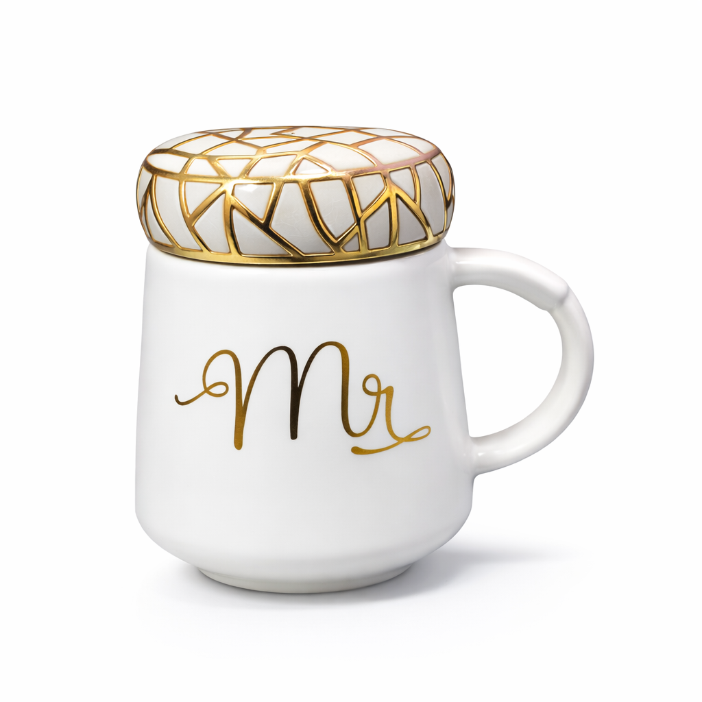 Elegant White Ceramic Mug Gold Lattice Lid Luxury Gift Motumal-motumal