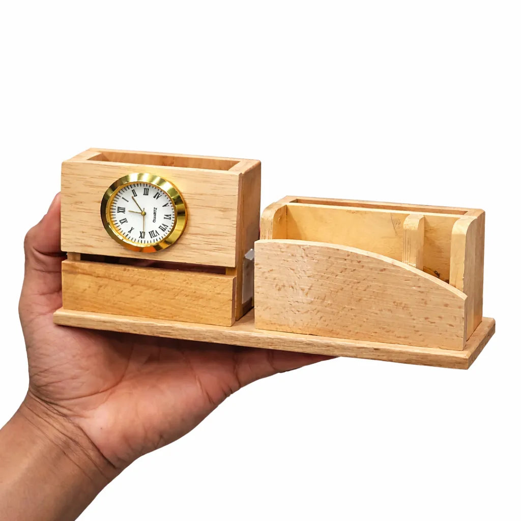 Elegant Wooden Desk Organizer Clock Storage Motumal-motumal