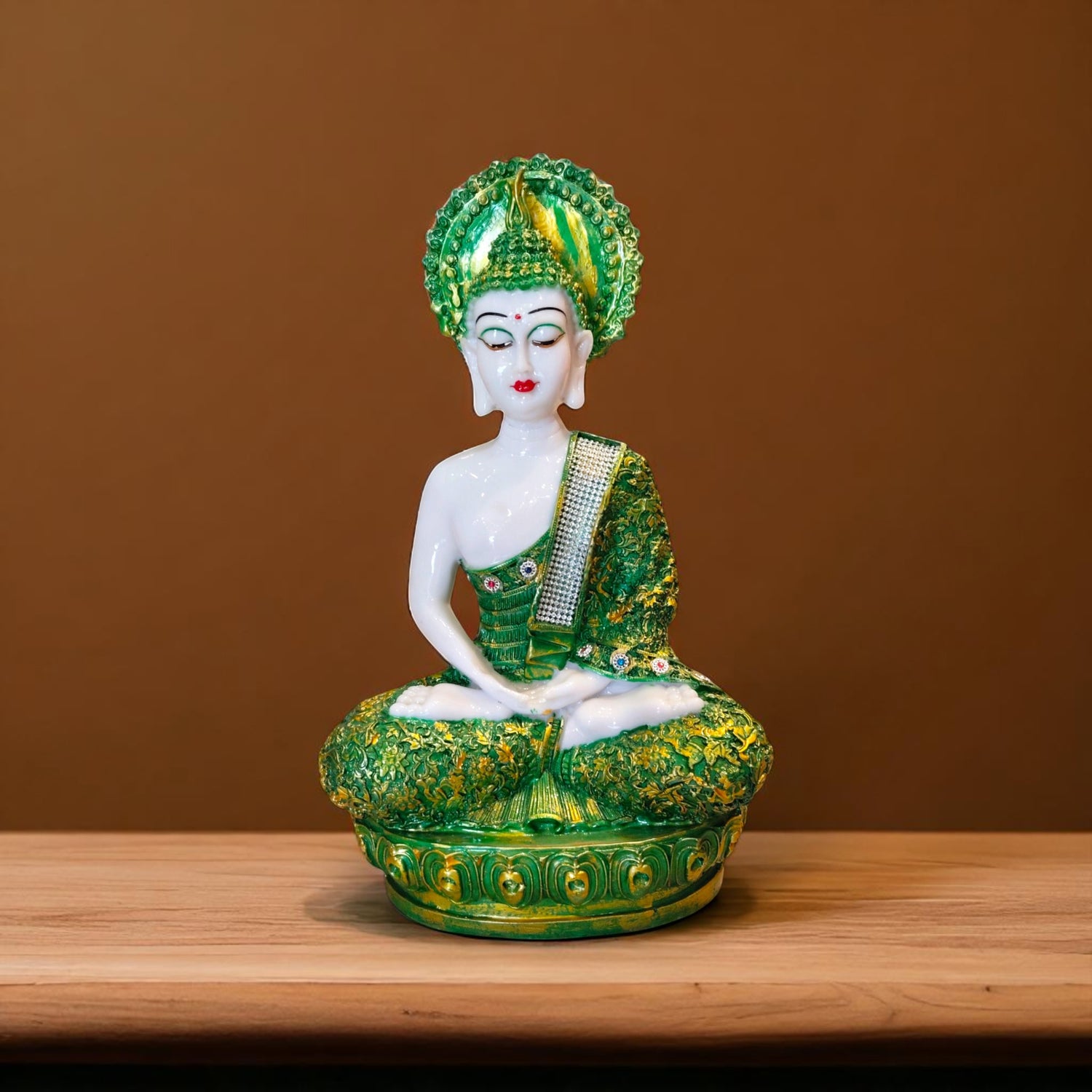 Front view of Emerald Green Buddha Showpiece in meditation pose – Peaceful home decor from Motumal Giftwala Ranchi