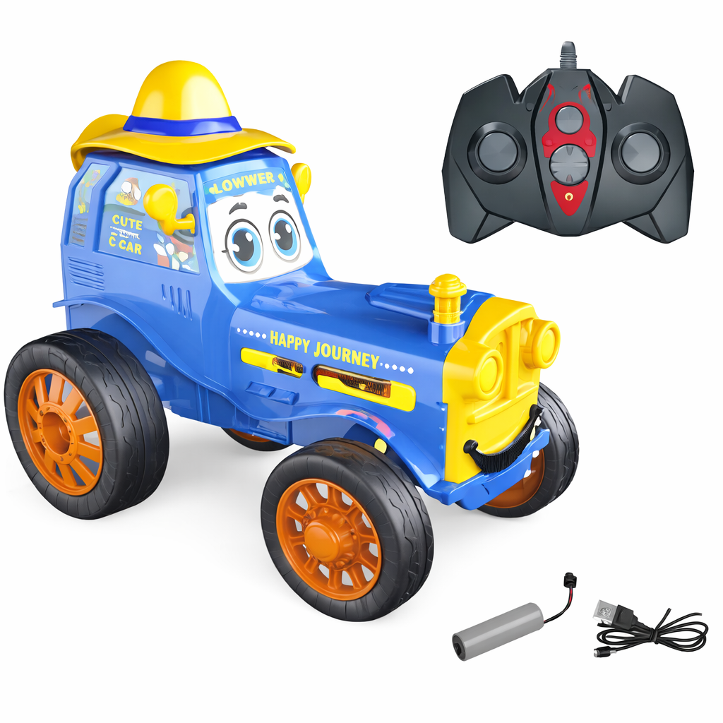 Toy car with face design and remote control on a white background