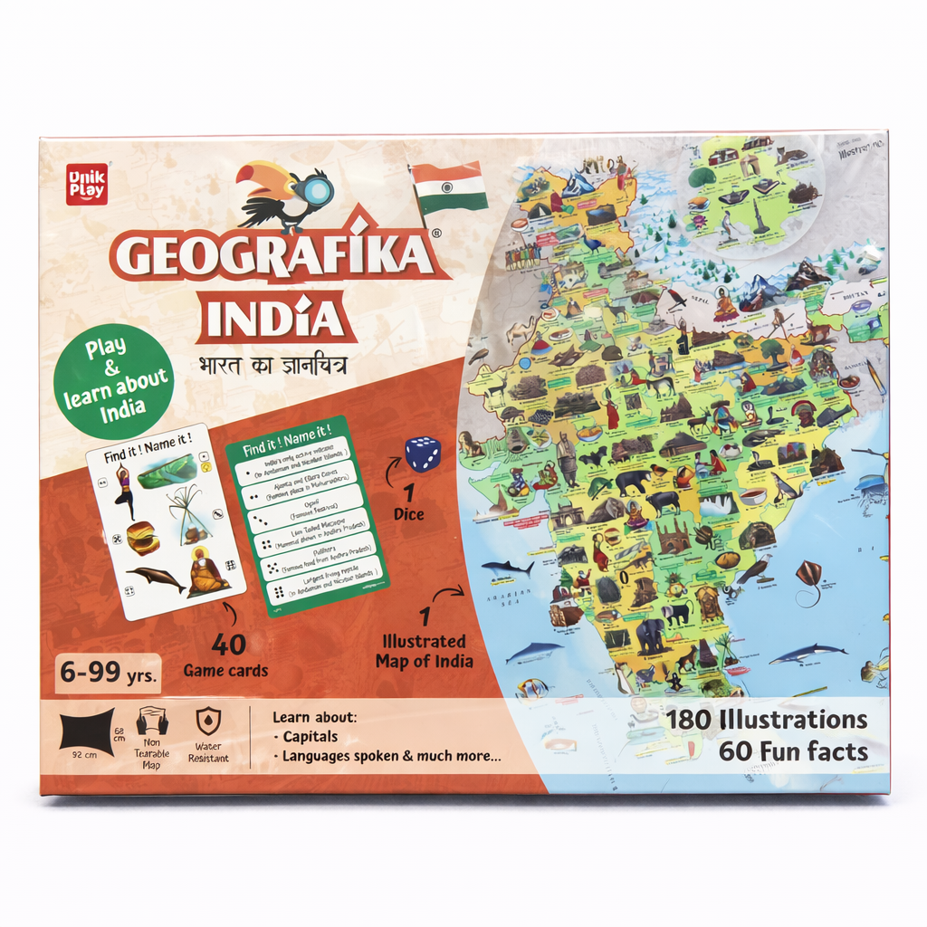 Geografika India educational puzzle packaging with map and game components.