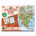 Geografika India educational puzzle packaging with map and game components.