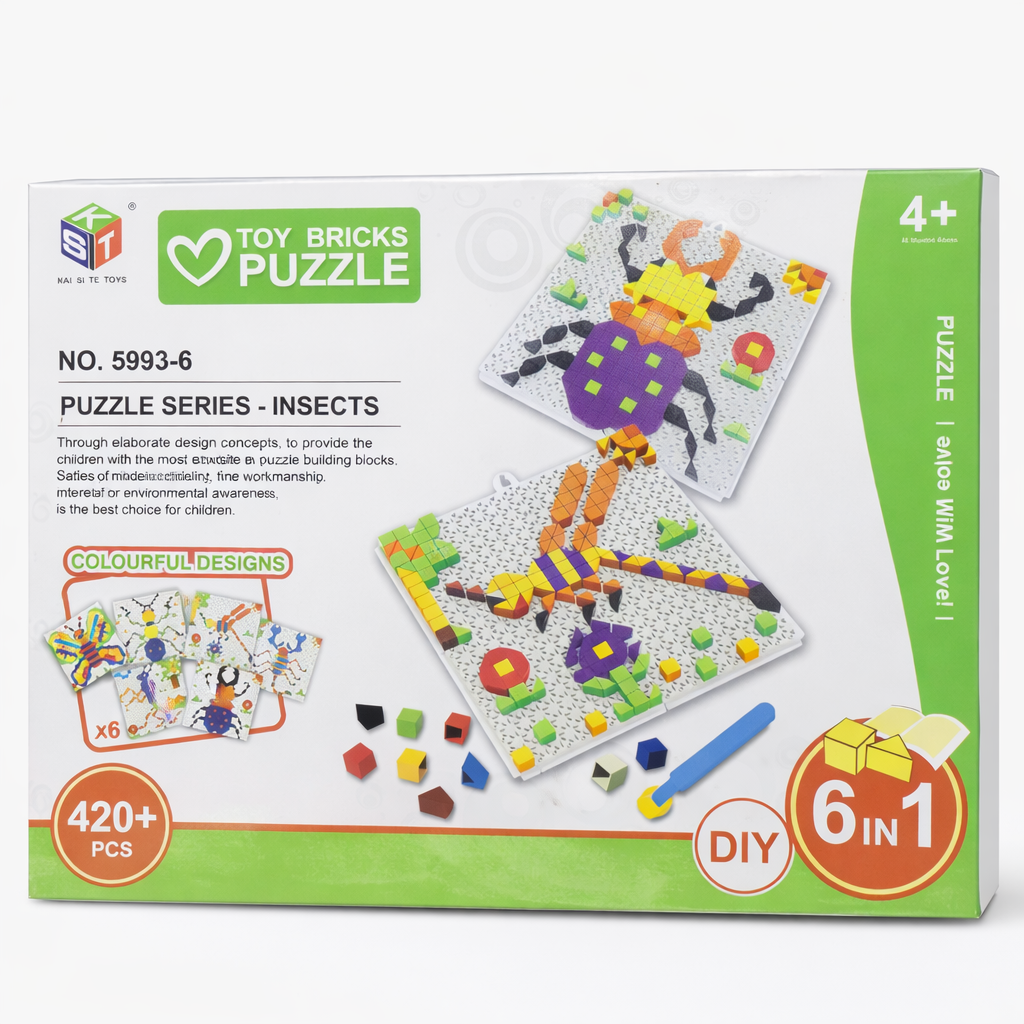Toy Bricks Puzzle packaging with insect designs on a white background