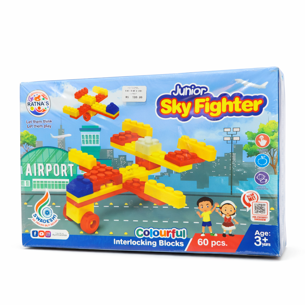 Box of Junior Sky Fighter interlocking blocks with colorful design and airport illustration.