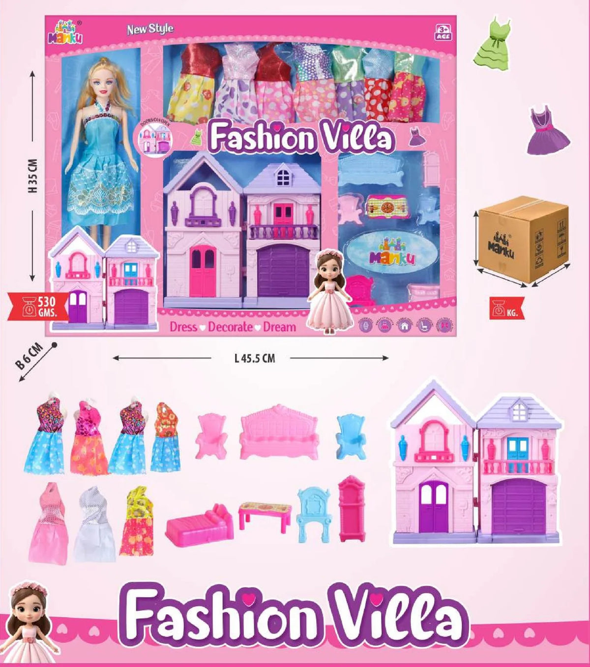 Toy set packaging for 'Fashion Villa' with doll, house, and dresses on a pink background