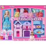 Toy set packaging for 'Fashion Villa' with dolls and houses on a pink background