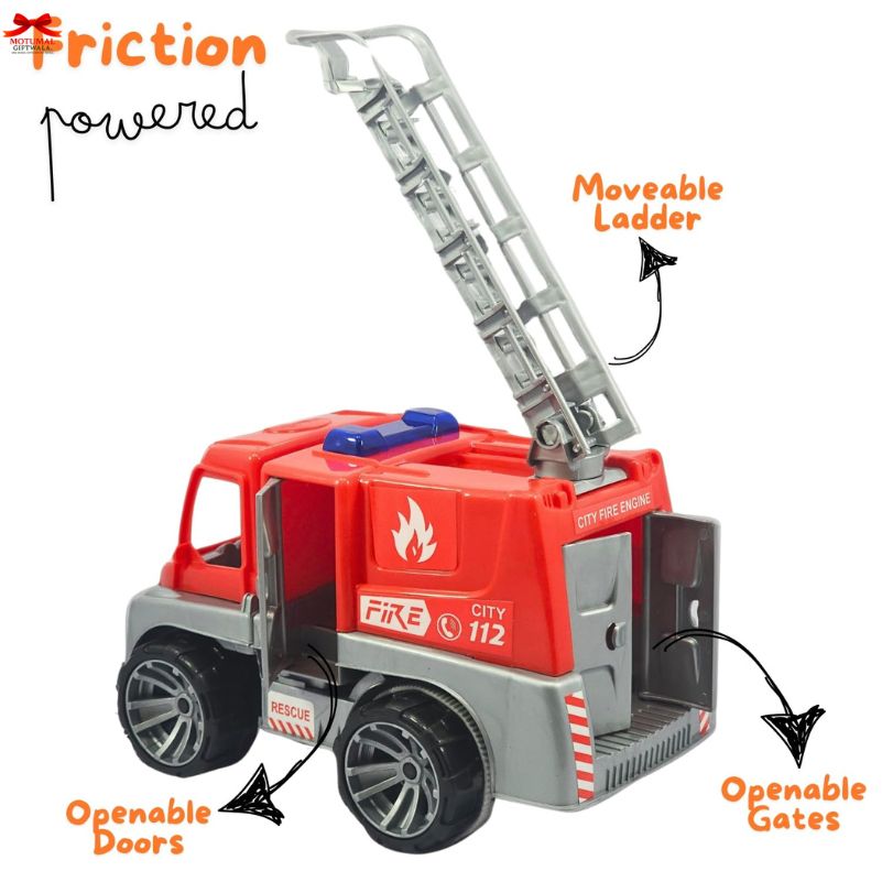 Toy fire truck with movable ladder, openable doors, and gates on a white background.