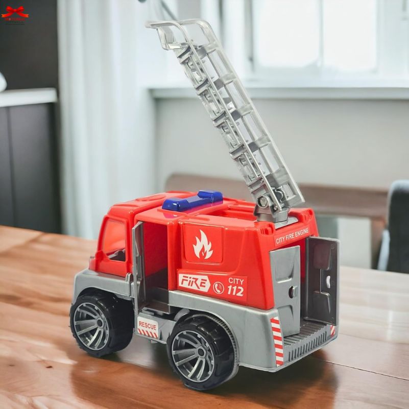 Toy fire truck with a ladder on a wooden surface