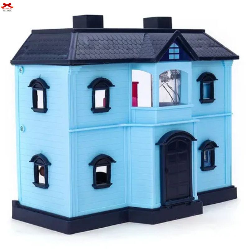 Blue toy house with black accents on a white background