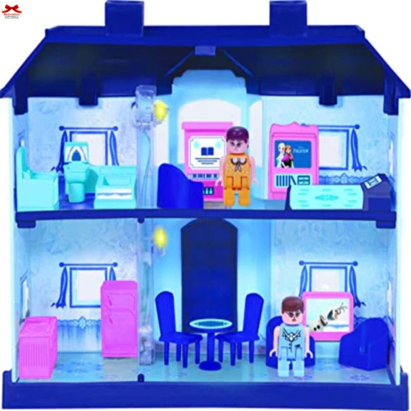 Toy house with multiple rooms and figures inside, illuminated with blue light.