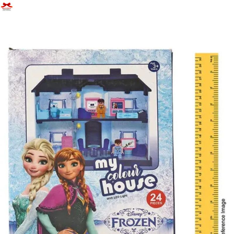 Toy house set with characters from Disney's Frozen, featuring LED lights, on a white background with a ruler for scale.