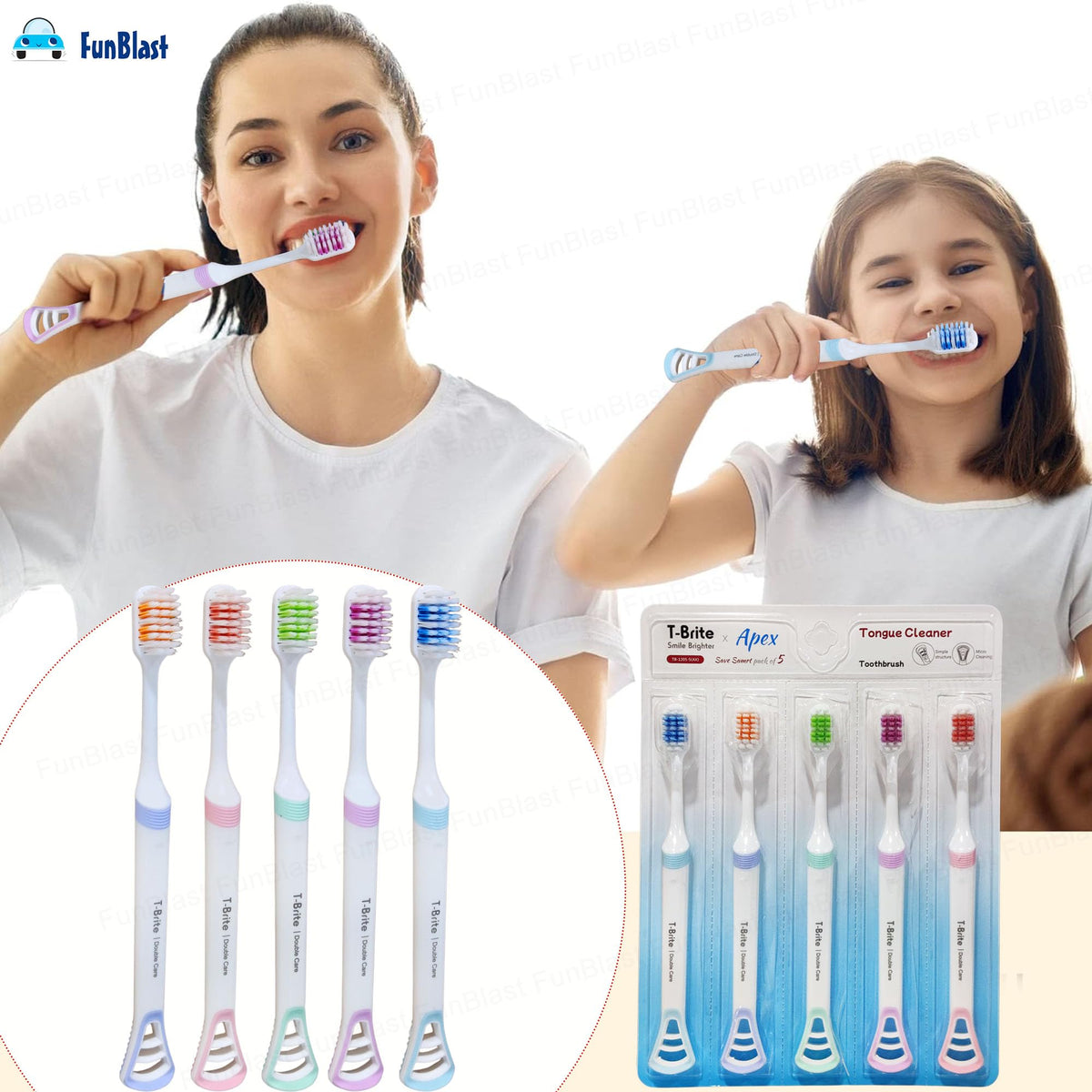 FunBlast Soft Bristles Toothbrushes Tongue Cleaner Five Motumal-motumal