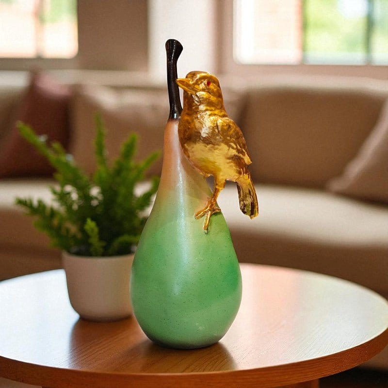 Golden Bird On Green Pear Hand Painted Decorative Showpiece Motumal-motumal