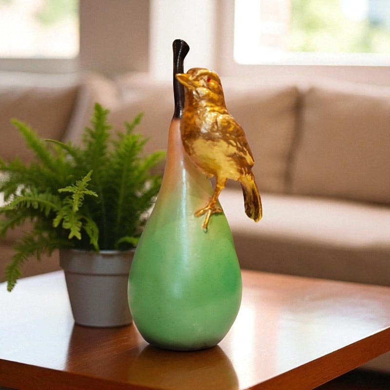 Golden Bird On Green Pear Hand Painted Decorative Showpiece Motumal-motumal