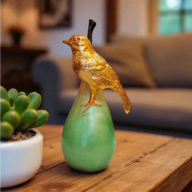Golden Bird On Green Pear Hand Painted Decorative Showpiece Motumal-motumal