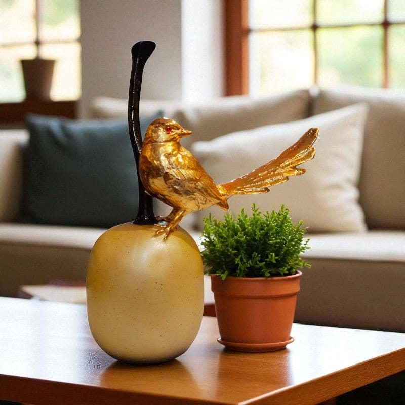 Golden Bird On Yellow Vase Showpiece Decor Ornament Motumal-motumal