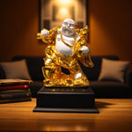 Front view of Golden Laughing Buddha holding treasure pot
