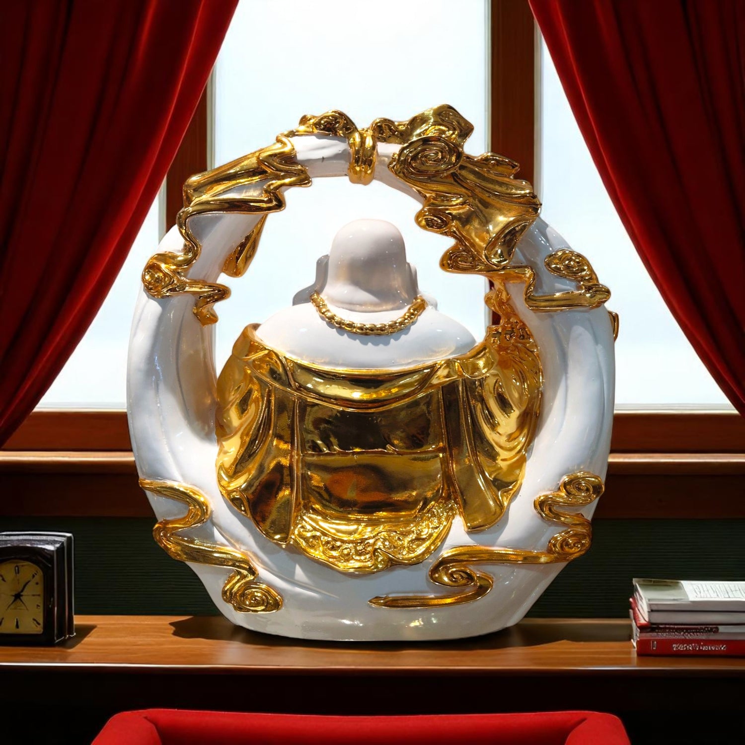 Back image of white and gold laughing Buddha statue in circular design