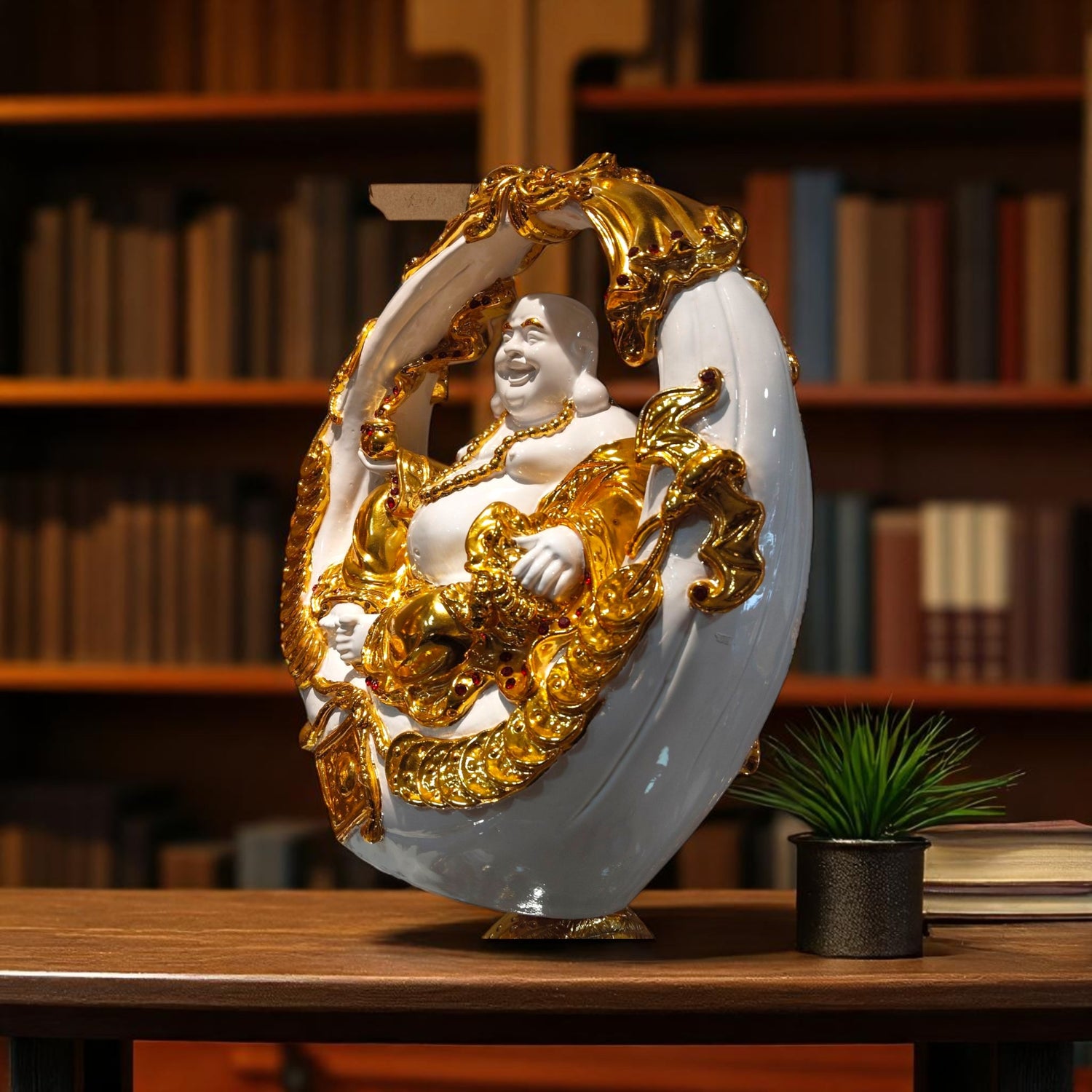 Side view of round frame golden Buddha idol for home decor